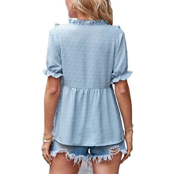 La Mode Blue Swiss Dot Ruffle Accent V Neck Top Size S - Picture 3 of 3